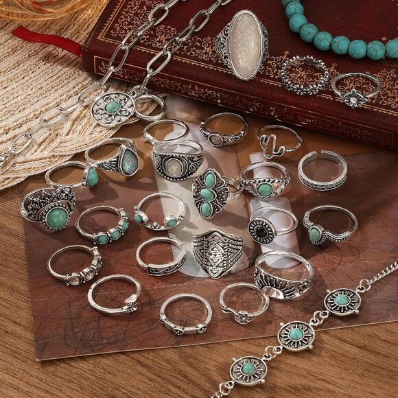 Bohemian Jewelry Set With Turquoise Necklace, Dangle Earrings, Stackable Bangle - Picture 8 of 8